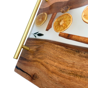 Rustic Wooden Serving Tray With Gold Handles And Dried Citrus Inlay Rectangle Handmade Tableware <b>For</b> Living Room Decor - Product Image 4