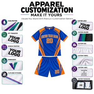 Tenue de football sublimée bleue et orange à blocs de couleur, 100 % polyester, anti-humidité, manches courtes, coupe classique pour homme - Product Image 5