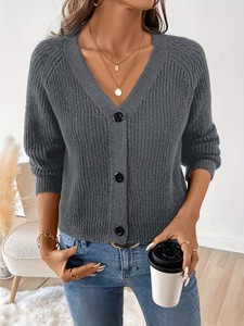 Cardigan en tricot pour femme, col en V, manches trois quarts, couleur unie, boutons sur le devant, haut décontracté d'automne, coupe régulière - Product Image 5
