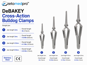Pinzas de sujeción DeBAKEY Cross-Action Bulldog de mandíbulas rectas, varios tamaños: 2cm, 3cm, 4.5cm, 6.5cm, 7.6cm, 8.6cm, 10.5cm, 12cm ZETOMEDPRO - Product Image 2