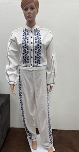 Women's <b>White</b> Two-<b>Piece</b> Long <b>Set</b> Blue O-Neck Sleeveless Casual Wear 100% Cotton Chiffon Breathable Regular Fit - Product Image 5