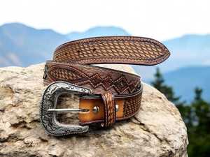 Western Hand Tooled Leather <b>Belt</b> With Silver Alloy Pin Buckle Geometric Pattern Casual Men's <b>Vintage</b> Style | Heavy Duty - Product Image 3