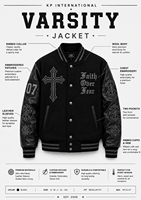 Blouson Bomber Gothique Fin pour Homme en Laine Noire avec Broderie Croix Faith Fear, Col Rond, Vêtement d'Hiver