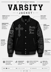 Men's <b>Gothic</b> Varsity <b>Jacket</b> Black PU Leather Embroidered Cross Faith Over Fear Patch Design Turn-down Collar Autumn Wear - Product Image 5