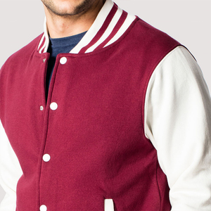 Mens Maroon and <b>White</b> Varsity Style <b>Jacket</b> Striped Ribbed Trim Snap Button Closure Lightweight Casual Urban Outerwear Fashion - Product Image 3