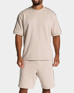 Camiseta y pantalones cortos blancos extragrandes para hombre, diseño OEM de última generación, con ribetes, mezcla de algodón transpirable, para gimnasio y ropa urbana. - Product Image 1