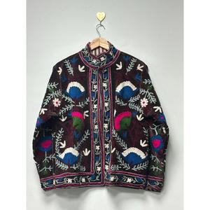 Chaqueta Bohemia de Lujo con Bordado Suzani para Mujer, Cuello Alto, Estampado Floral, Hecha a Mano, de Algodón y Terciopelo, Abierta por Delante, Estilo Casual - Product Image 6