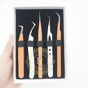 Pinzas para pestañas de acero inoxidable con etiqueta privada de punto arcoíris, pinzas para pestañas con mango suave sostenible, recubrimiento en polvo blanco naranja - Product Image 4