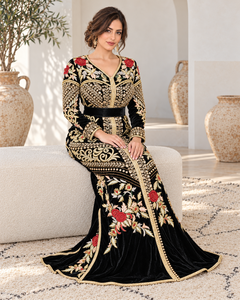 Mishkat Couture Moroccan Caftan Plum <b>Velvet</b> <b>Maxi</b> <b>Dress</b> Breathable Elegant Party Wear <b>Long</b> <b>Sleeves</b> Belt V Neck Flared Hem - Product Image 5