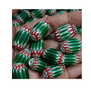 Perles en verre Chevron vert et rouge en gros, perles africaines ovales faites à la main, perles intercalaires lâches pour la fabrication de bijoux - Product Image 1