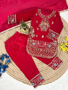 Girls Children <b>Red</b> Embroidered <b>Silk</b> Salwar Kameez Set with Dupatta Traditional Indian Pakistani Clothing for Wedding Party Wear - Product Image 5