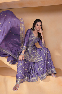 Coding <b>Sequin</b> Chinon Silk Short Top Ultra <b>Flared</b> Palazzo Pack Matching Dupatta Three Piece Indian Party Wear Suit - Product Image 4