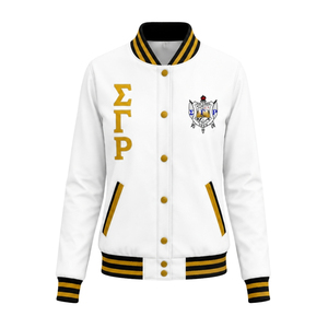 Custom <b>White</b> Varsity Jacket with Black and Gold Striped Ribbed Collar Cuffs Hem Greek Letter Embroidery Crest Logo Collegiate Le - Product Image 1