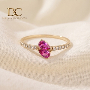Dainty 9K Solid <b>Gold</b> for Certified Prong <b>Set</b> Lab Grown Hot Pink Tourmaline Lab Grown Diamond Promise Band <b>Ring</b> Jewelry Unisex - Product Image 6