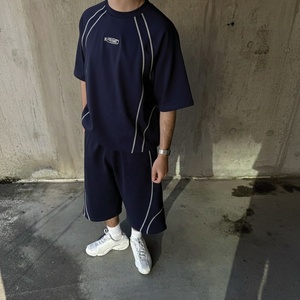 <b>Top</b> Quality Streetwear Men <b>Short</b> Sleeve Contrast Piping T-Shirt <b>And</b> <b>Shorts</b> <b>Set</b> Logo Embroidery Crew Neck Summer <b>Set</b> - Product Image 3