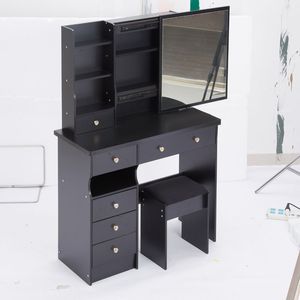 Tavolo da Trucco Extra Large da 37 Pollici con Cassetto Sinistro, Sgabello Imbottito, Specchio Scorrevole Destro e Vano Multilivello ad Alta Capacità - Product Image 4