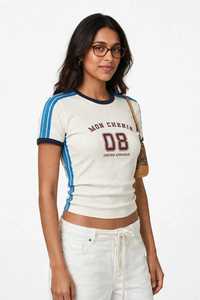 T-shirt Ringer à manches courtes crème pour femme avec rayures bleues et imprimé Mon Cherie 08 - Product Image 3