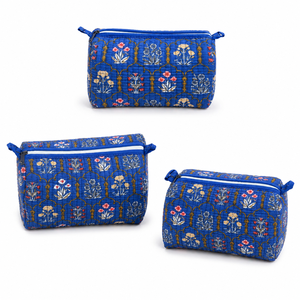 Elegant Royal Blue Botanical 3 Piece Makeup <b>Bag</b> Set Quilted Cotton Cosmetic Pouches for Women Travel <b>Vanity</b> Organizer Gift - Product Image 4