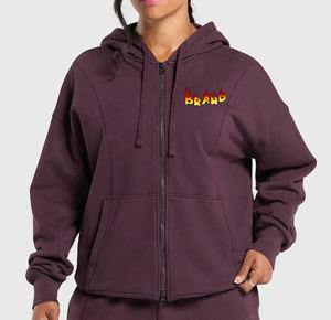Sweat à capuche zippé pour femme, couleur prune, coupe classique, en molleton de coton, couleur unie, avec poches, tendance, haute qualité, pour l'automne - Product Image 1