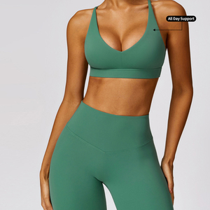 Nouveau soutien-gorge de yoga vert uni pour femme, col en V profond, sans coutures, respirant, séchage rapide, maintien élevé, en dentelle - Product Image 2