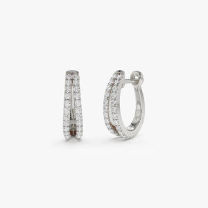 14k Pure <b>Gold</b> Double Layer Natural Diamond <b>Huggies</b> Hoop Earrings Custom Made Jewelry Double Line 0.50C Pave Diamond Hoop Earring - Product Image 2