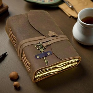 A5 Rustic <b>Leather</b> Journal with Brass Key | Vintage Paper <b>Diary</b> - Product Image 1