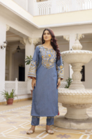 Ensemble Salwar ethnique pour femme en pur coton denim brodé, Kurti, pantalon et dupatta en Georgette avec broderie miroir véritable