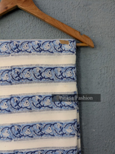 Tela de Algodón 100% Puro Estampada a Mano con Diseño Floral Azul y Rayas para Confección de Prendas al por Mayor - Product Image 2