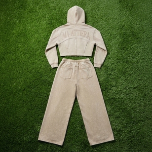 Conjunto Deportivo Casual de Dos Piezas para Mujer: Sudadera Corta con Cierre y Pantalones Anchos Lavados - Product Image 5