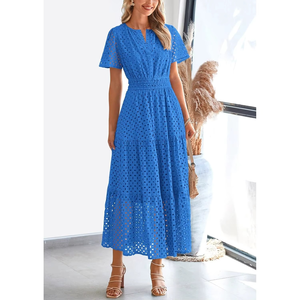 Vestido Maxi Personalizado para Mujer, Verano 2026, Cuello en V, Diseño Calado, Manga Corta, Largo y Fluido, para Vacaciones en la Playa - Product Image 6