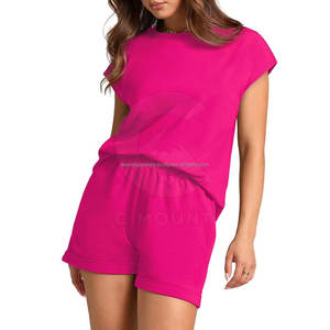 Ensemble de shorts de sport en denim de coton imprimé personnalisé rose pour femmes, 2 pièces, col rond, manches courtes, tricoté, décontracté, printemps-été, respirant - Product Image 3