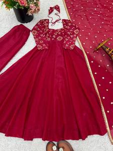 Women's <b>Red</b> Embroidered Gown& Bottom With Dupatta Floor-Length Traditional Wedding Dress Loose Fit Indian Pakistani Clothing - Product Image 5
