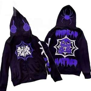 Sudadera con capucha de cremallera completa estilo Y2K personalizada, con gráfico gótico de telaraña y esqueleto, oversize, para hombre, de peso pesado, estilo punk. - Product Image 6