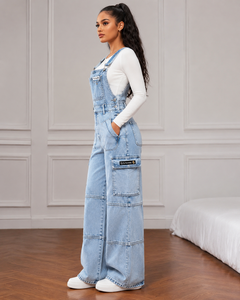 <b>Women's</b> Gray Denim Overalls Mid Waist Wide Leg Regular Fit Breathable Stonewashed with Pockets Zippers Formal Summer Style OEM - Product Image 2