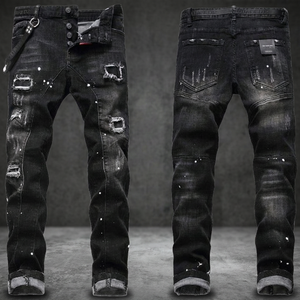 Vaqueros rectos de hombre a la moda, de cintura media, estilo hip hop, con agujeros rotos, desgastados, lavado claro con salpicaduras de pintura, de mezclilla elástica. - Product Image 2