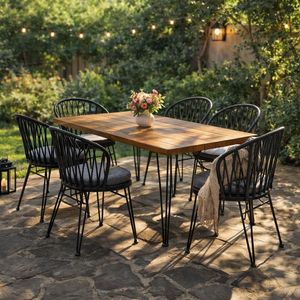 Set da Pranzo Moderno per Esterni da 6 Persone, 7 Pezzi, con Tavolo Rettangolare in Legno di Acacia da 183 cm e Sedie in Rattan, Set di Mobili da Giardino - Product Image 1