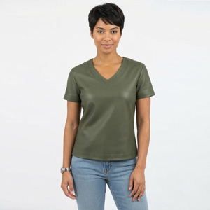 Blusa Elegante Formal de Manga Corta con Cuello en V de Cuero Verde Oliva para Mujer, Camiseta de Moda Premium, Fabricación Personalizada de Verano - Product Image 1