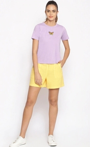 Shorts en coton tricoté jaunes pour femmes, taille haute, élastiques, respirants, coupe décontractée, avec poches - Product Image 4