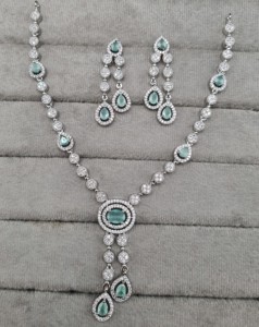 Exquisite AD Oval Stone Necklace <b>Set</b> <b>Silver</b> & Rhodium Plated Y Shape Necklace With Matching Earrings For Womens AD <b>Jewellery</b> <b>Set</b> - Product Image 5