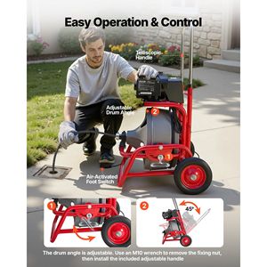 Macchina per la pulizia di scarichi regolabile da 75 piedi x 3/8 pollici, con alimentazione manuale, ruote a spirale per fognature, pulitore ad alta pressione con tamburo - Product Image 5