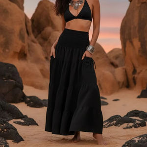 กระโปรงแม็กซี่สไตล์โบโฮสำหรับผู้หญิง ผ้าฝ้ายออร์แกนิกเนื้อบางเบา ทรงกว้างพลิ้วไหว กระโปรงยาวน้ำหนักเบา สไตล์โบฮีเมียนสำหรับฤดูร้อน - Product Image 1