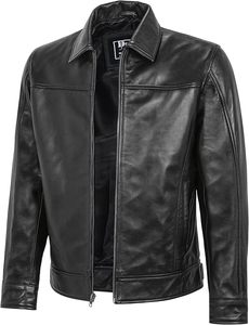 Men's Genuine <b>Leather</b> Moto <b>Jacket</b> Turn-down Collar Zipper Closure Solid Black Regular Length Autumn Wear - Product Image 3