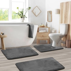 Modern 3-Piece Dark Gray Bath <b>Mats</b> <b>Set</b> Rectangle Non-Slip Rubber Backing Microfiber Thick Tufted for Home <b>Bathroom</b> Use - Product Image 4