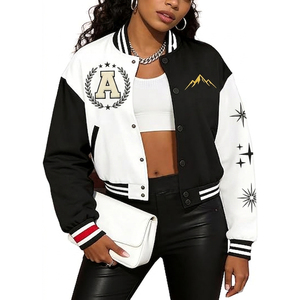 OEM ODM Women's Varsity <b>Jacket</b> Black White Contrast Color Full Sleeve Turn-down Collar Embroidered Letter A Logo Autumn Wear - Product Image 1