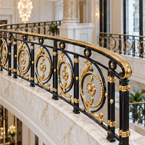 Rampe d'escalier en métal ornemental noir et or avec panneaux ovales à motifs roulés pour villas, hôtels et grands intérieurs - Product Image 4