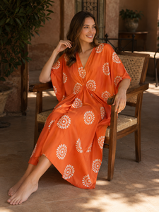 Vestido Kaftán Bohemio Tie Dye Naranja Personalizado para Mujer, Vestido Maxi Moderno de Verano, Traje de Playa, Ropa de Dormir Étnica con Cuello en V - Product Image 1