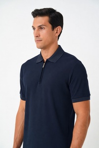 Camisa de Hombre Azul Marino de Manga Corta, Tejida, 100% Algodón, Transpirable, Bordada, con Cierre de Cremallera Frontal, Logotipo, Color Sólido, Estilo Casual - Product Image 4
