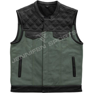 High Quality Men's Genuine Leather Biker <b>Vest</b> Leather&Canvas Fabric Diamond Cut Biker Waistcoat Motorcycle Men's <b>Vest</b> - Product Image 1