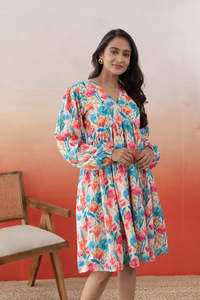 Robe midi en mousseline à imprimé floral, col en V, manches bouffantes, coupe trapèze ample, décontractée, pour femme, multicolore, magnifique - Product Image 1