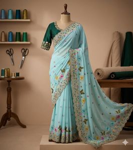Sari in Georgette Puro con Splendido Lavoro Artigianale e Blusa a Contrasto - Product Image 3